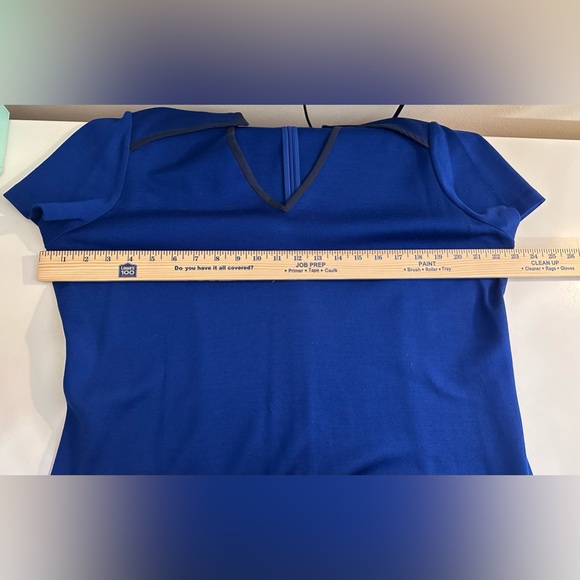 New ST. JOHN Cobalt Blue Dress Wool Shift Sheath Sweater Knit Navy Silk Trim - Picture 9 of 16